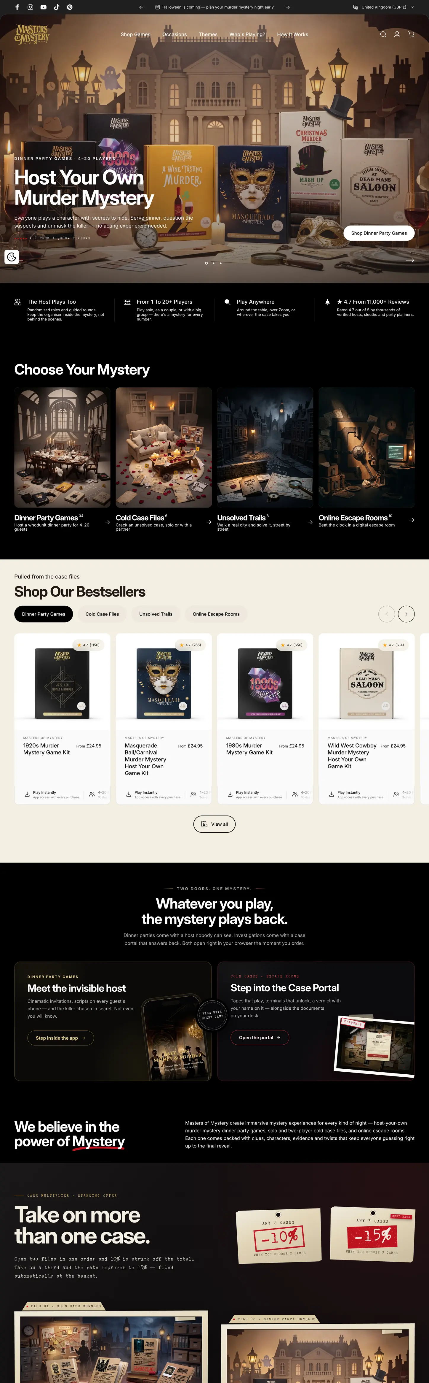 Scrolling walkthrough of the new Masters of Mystery Shopify store