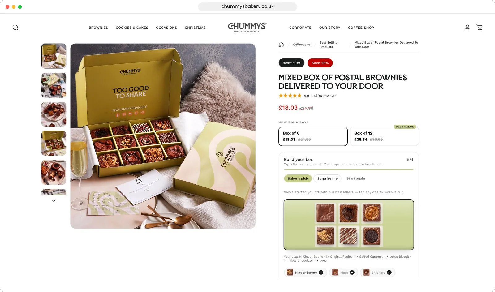 Chummy&rsquo;s Bakery product page in a browser window: the brownie box builder with a full box of six