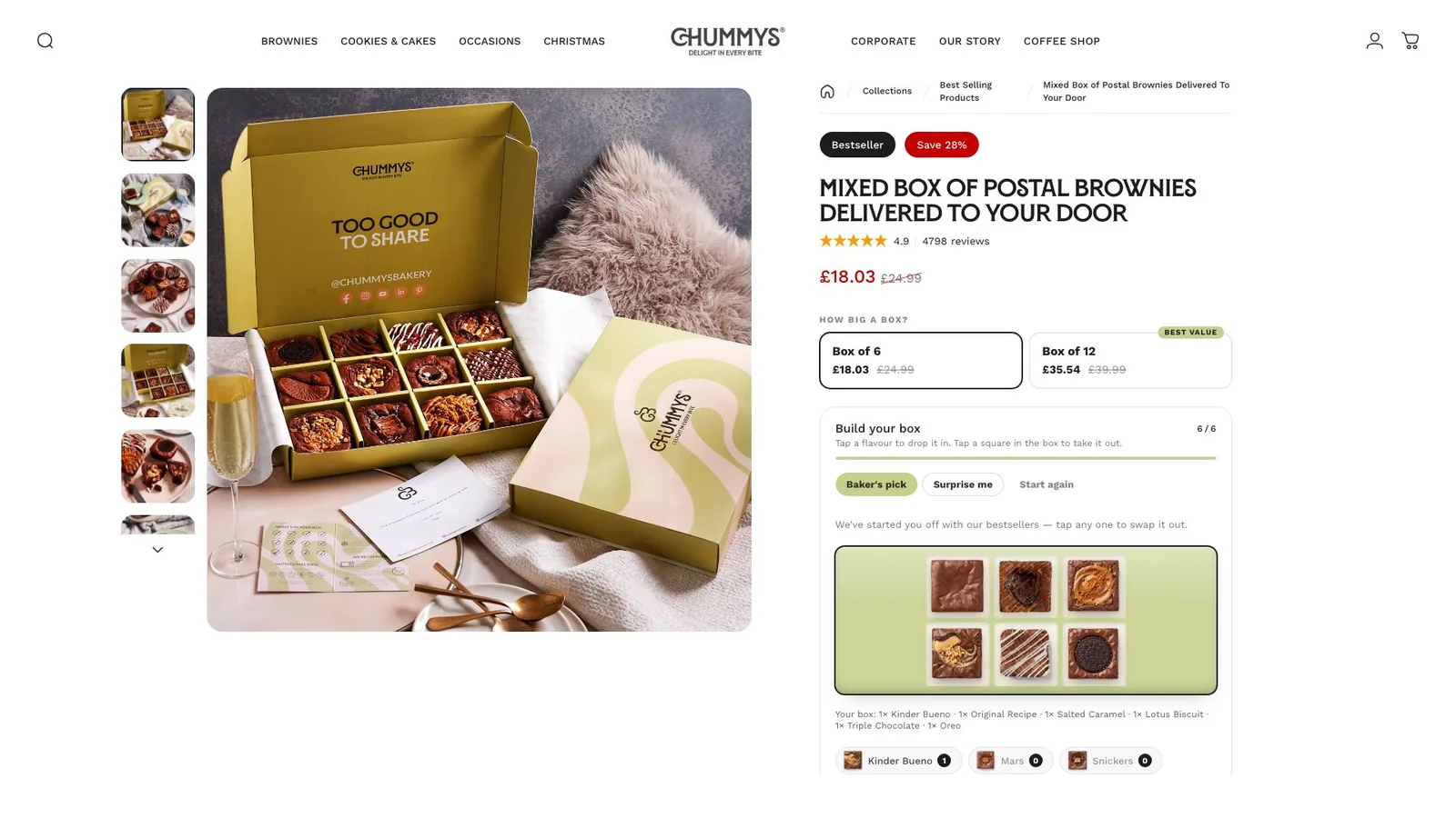 chummysbakery.co.uk product page: the brownie box builder with a full box of six