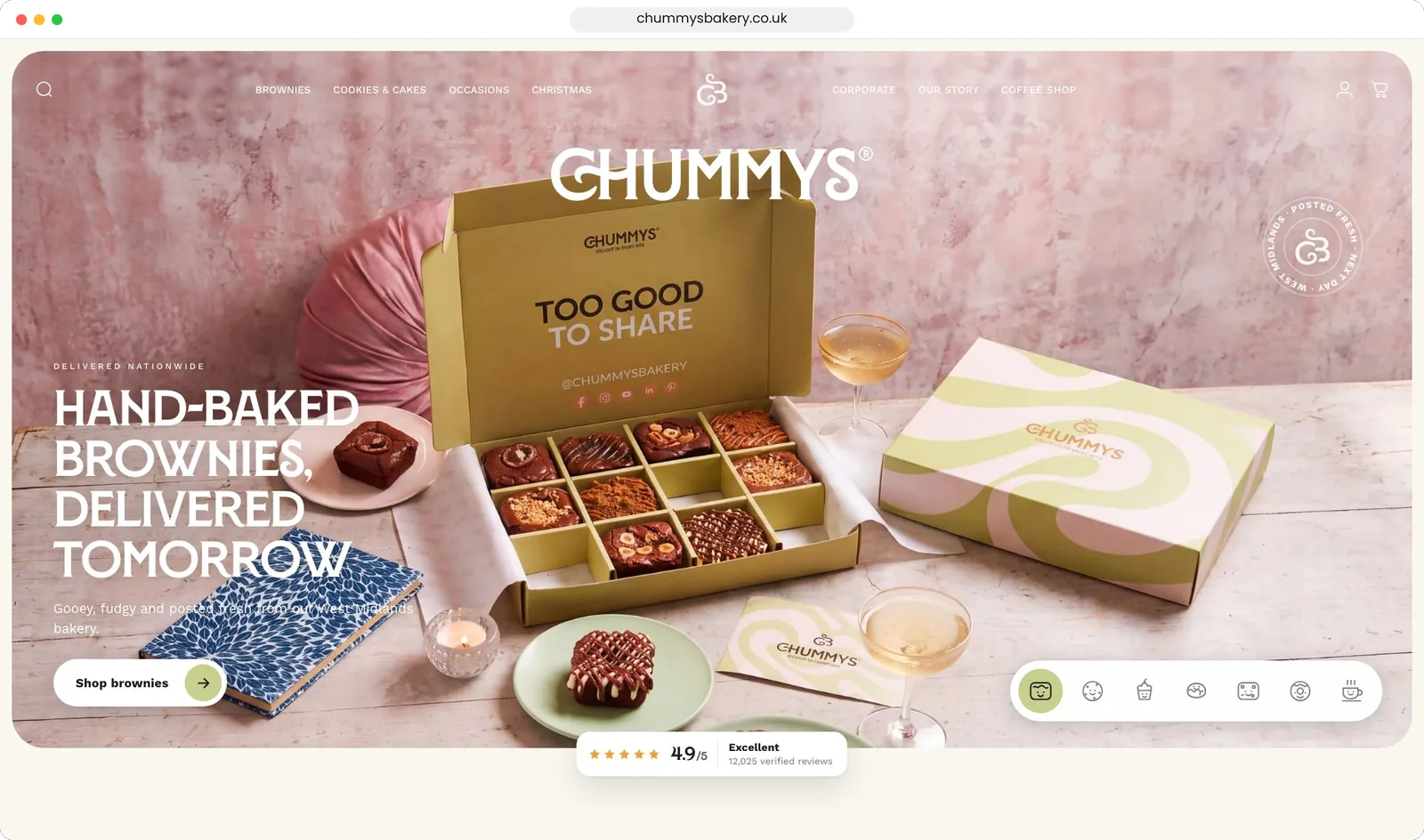 chummysbakery.co.uk homepage: Hand-baked brownies delivered tomorrow, with the picker tabs and 4.9/5 review pill