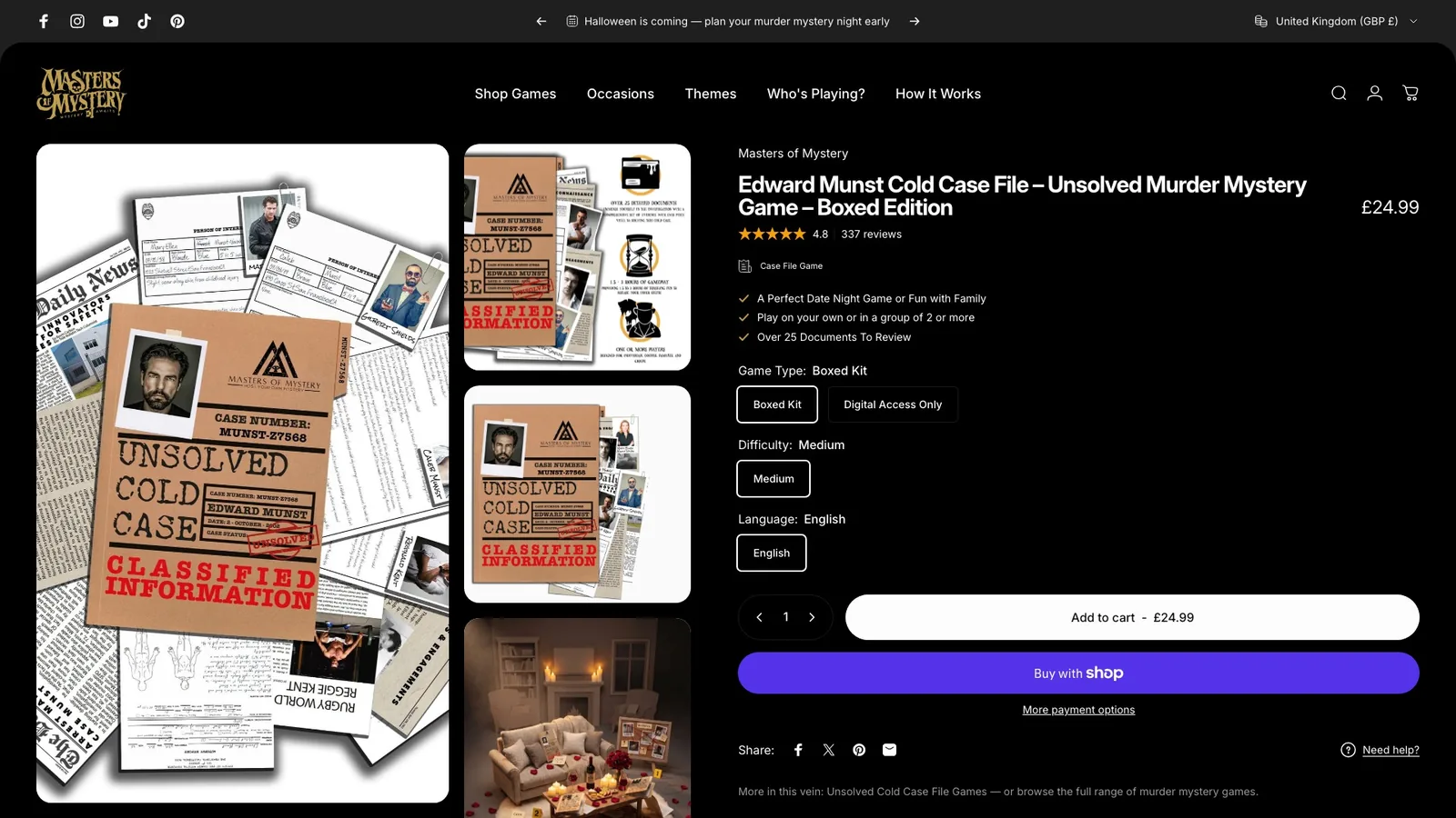 mastersofmystery.com cold case product page: evidence gallery and buy box