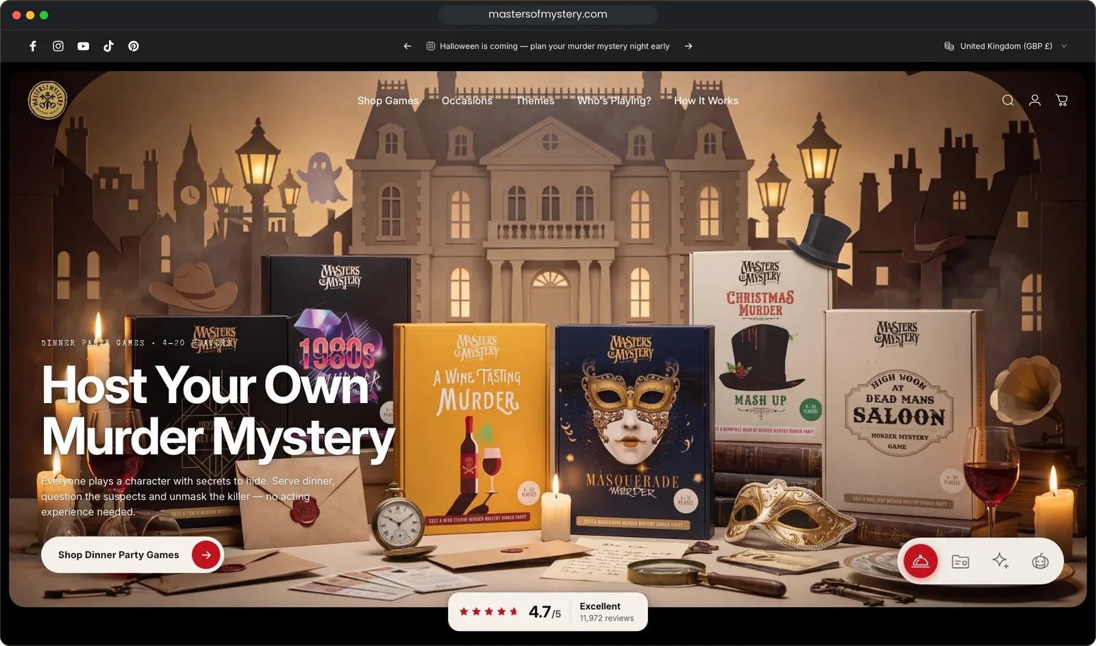mastersofmystery.com homepage in a browser window: Host Your Own Murder Mystery, with the gold seal header and picker tabs